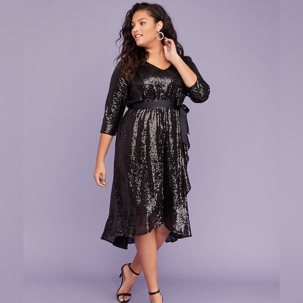Lane Bryant faux wrap black sequined dress